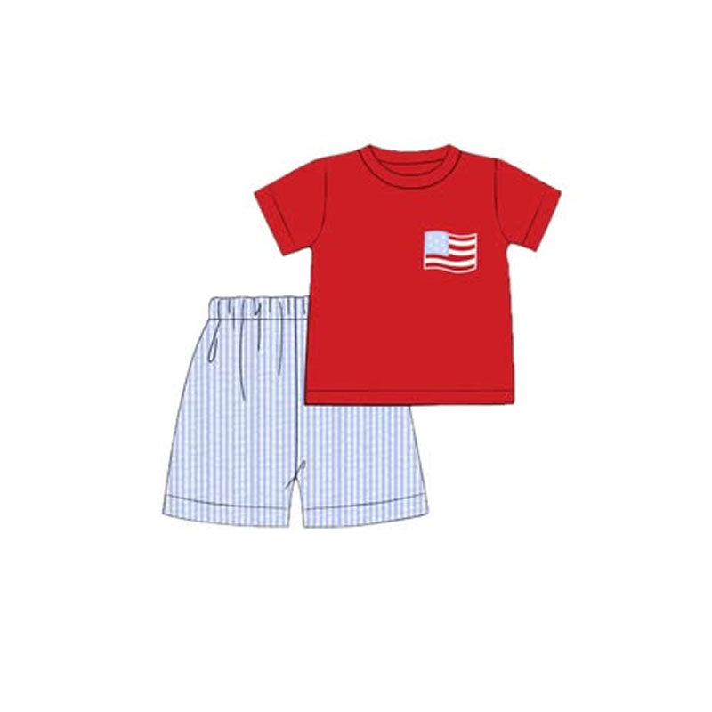 Baby Boys Red Shirt Flag Pocket Top Stripe Shorts 4th of July Clothes Sets Preorder