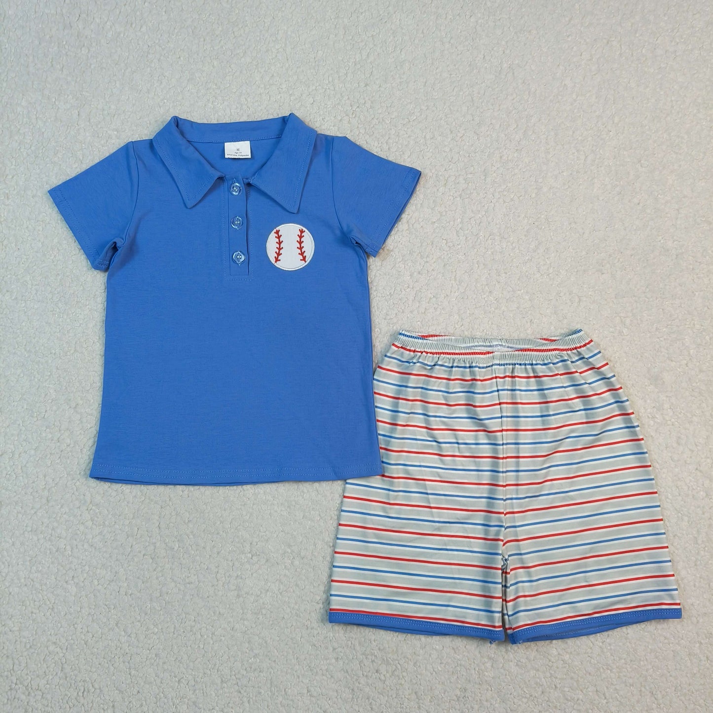 Embroidery Baseballs Baby Boys Blue Button Polo Top Stripe Shorts Team Clothes Sets