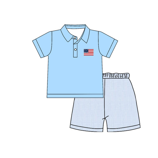 Baby Boys Flags Button Top Blue Checked Shorts 4th of July Clothes Sets Preorder