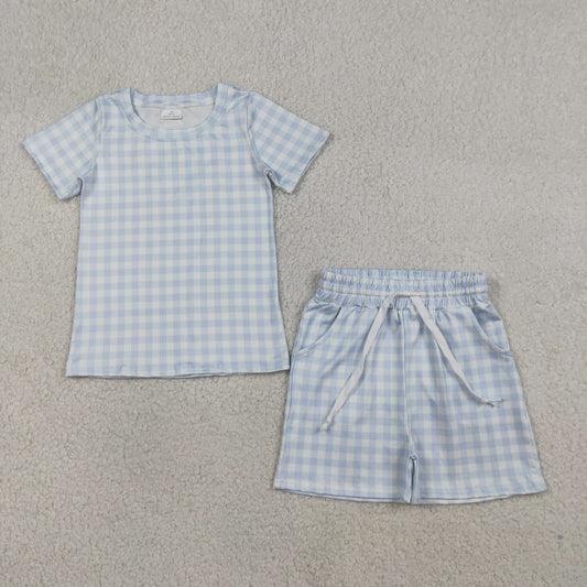 Baby Boys Light Blue Checked Top Pockets Shorts Clothes Sets