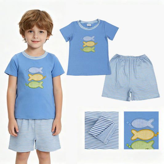 Embroidery Fishes Baby Boys Top Stripe Shorts Hunting Clothes Sets