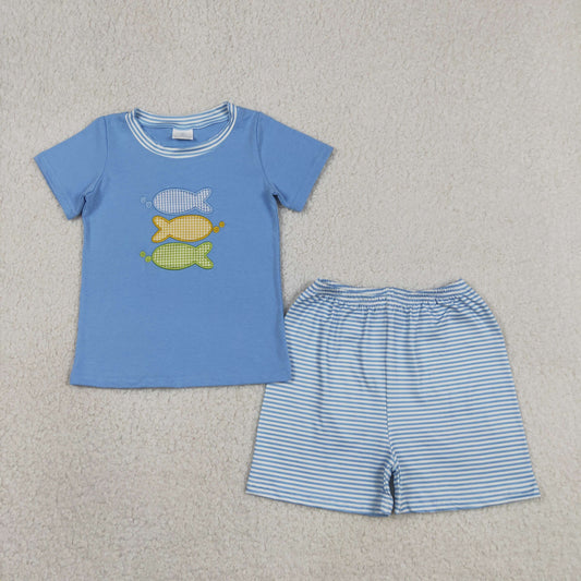 Embroidery Fishes Baby Boys Top Stripe Shorts Hunting Clothes Sets