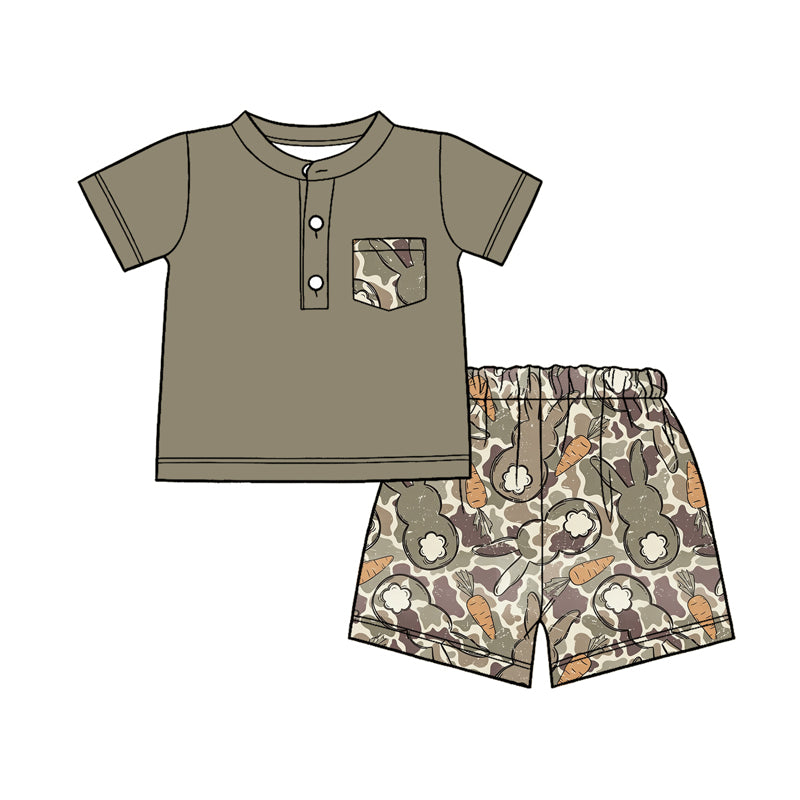 Baby Boys Camo Rabbits Carrots Pocket Button Top Shorts Easter Clothes Sets Preorder