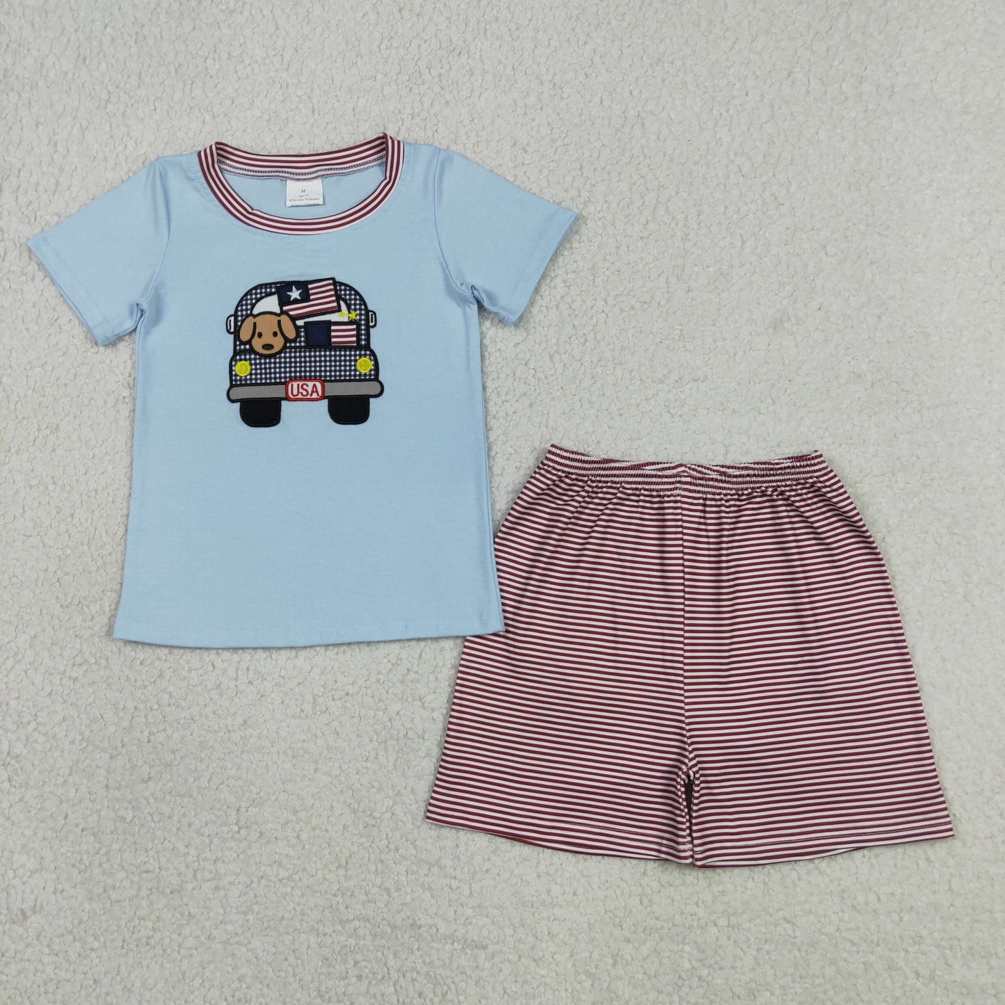 Sibling Baby Boys Girls Embroidery Dog Bows Flags Top Short 4th of July Clothes Sets