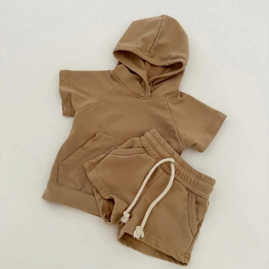 Baby Boys Khaki Short Sleeve Pocket Hoodie Top Short Clothes Sets Preorder