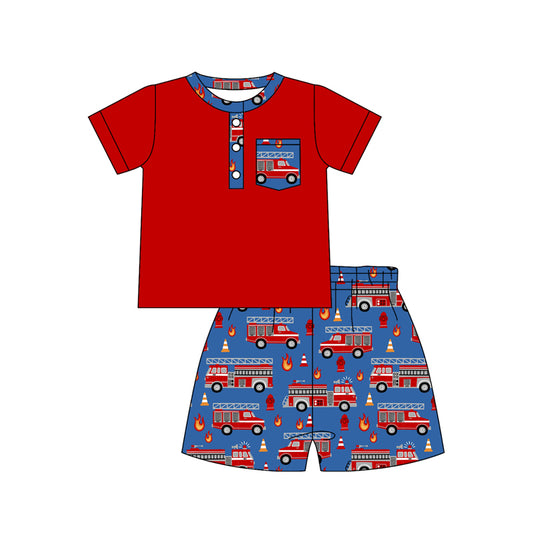 Baby Boys Button Pocket Shirts Top Firetrucks Shorts Clothes Sets Preorder