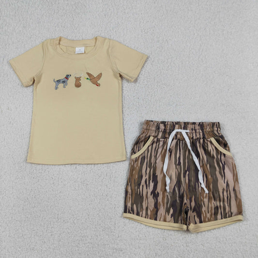Embroidery Dog Ducks Deer Baby Boys Top Olive Camo Pockets Shorts Hunting Sets
