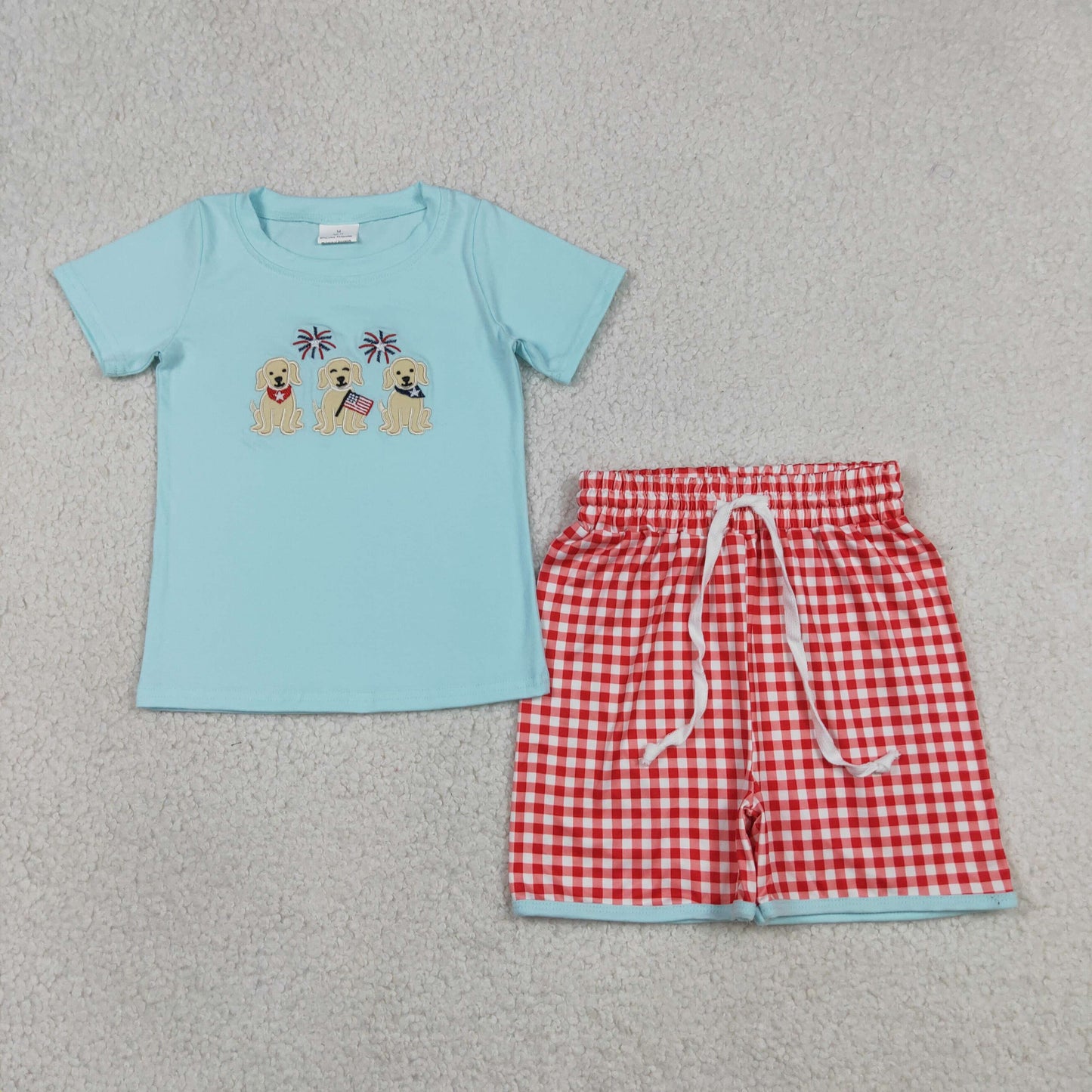 Embroidery Flag Dogs Baby Boys Top Checked Shorts 4th of July Clothes Sets