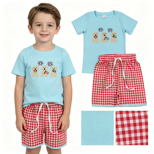 Embroidery Flag Dogs Baby Boys Top Checked Shorts 4th of July Clothes Sets