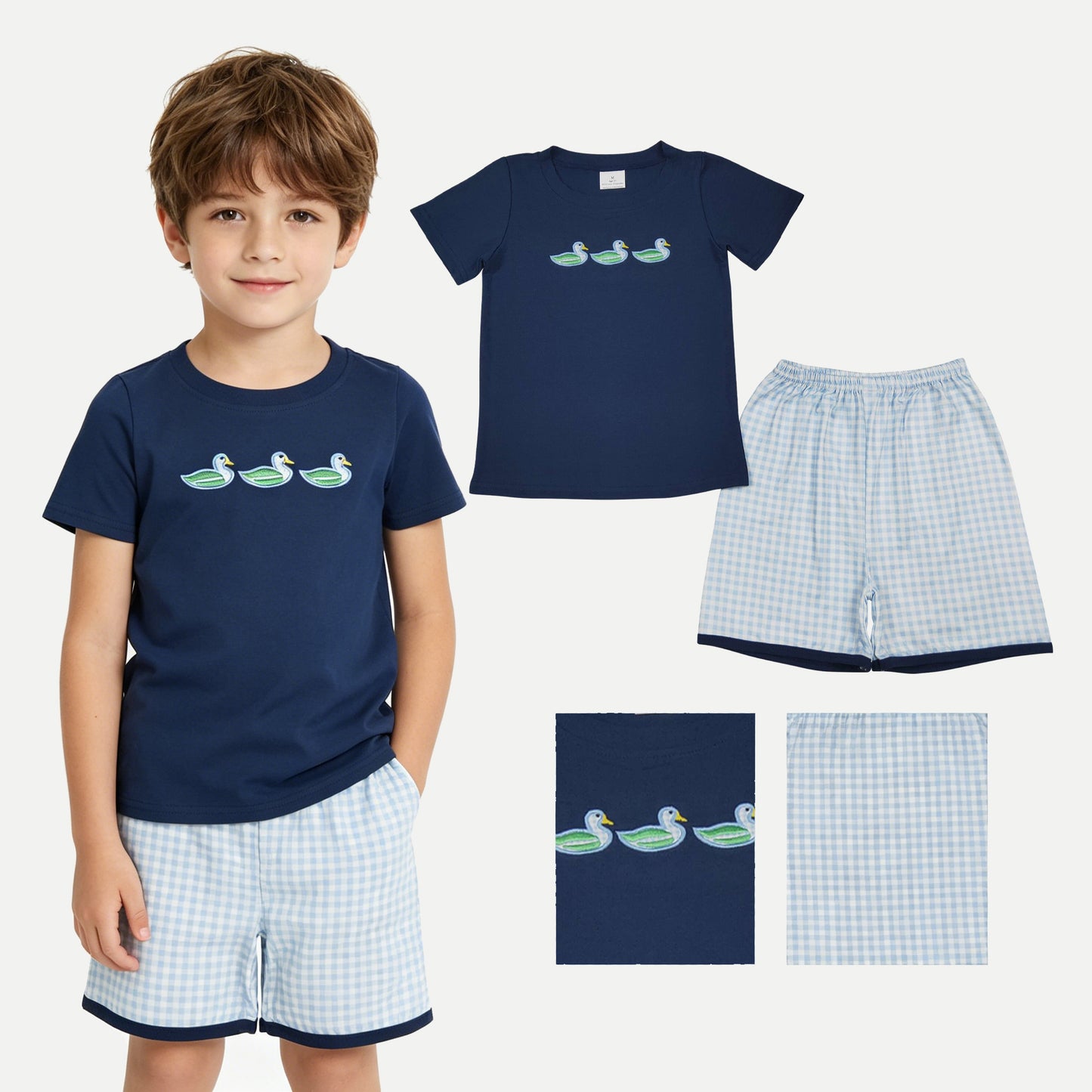 Embroidery Ducks Baby Boys Navy Top Checked Short Hunting Clothes Sets