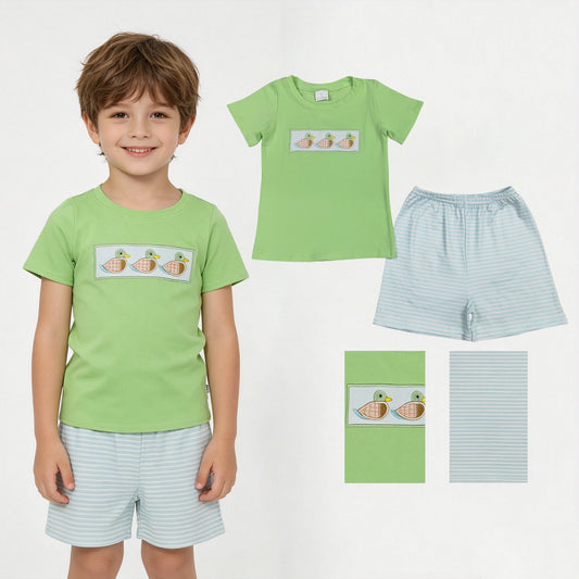 Embroidery Ducks Baby Boys Shirt Top Stripe Short Hunting Clothes Sets