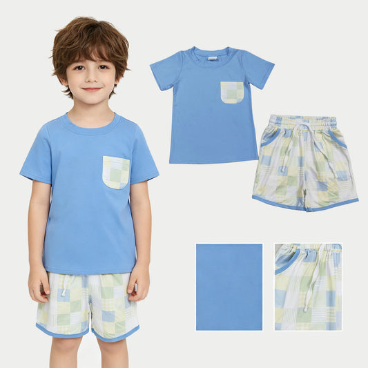Baby Boys Blue Short Sleeve Shirt Top Pockets Checked Short Clothes Sets