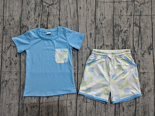 Baby Boys Blue Short Sleeve Shirt Top Pockets Checked Short Clothes Sets