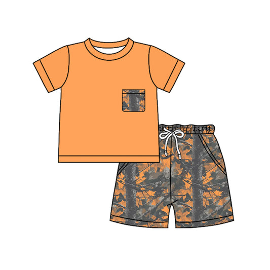 Baby Boys Orange Leaves Camo Top Pockets Short Clothes Sets Preorder