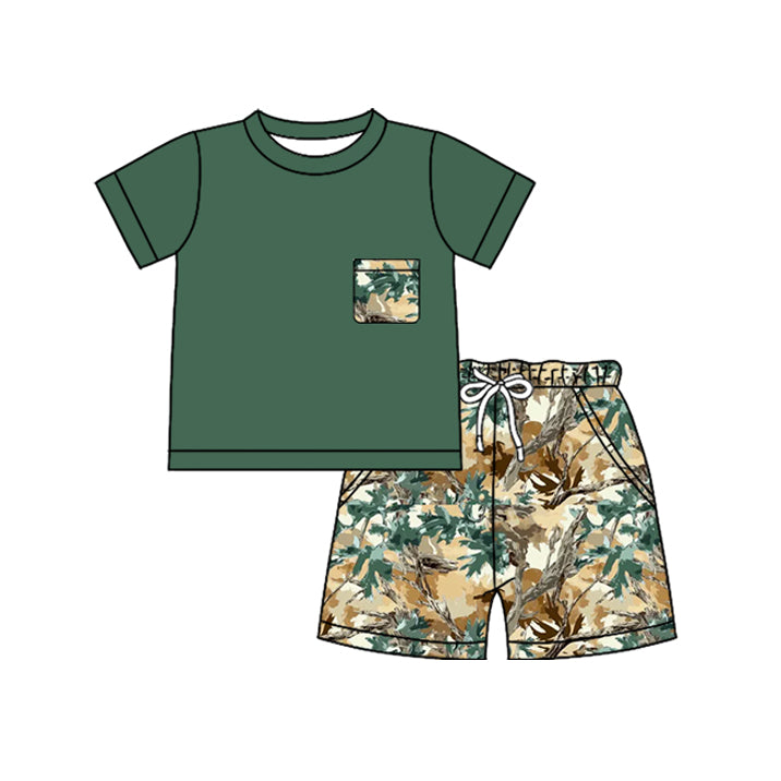 Baby Boys Green Leaves Camo Top Pockets Short Clothes Sets Preorder