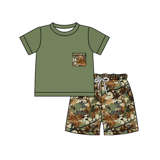 Baby Boys Green Leaves Camo Top Pockets Short Clothes Sets Preorder