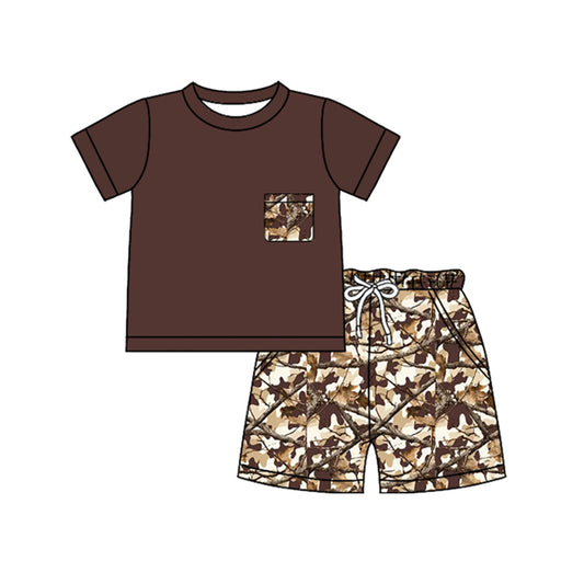 Baby Boys Brown Leaves Camo Top Pockets Short Clothes Sets Preorder