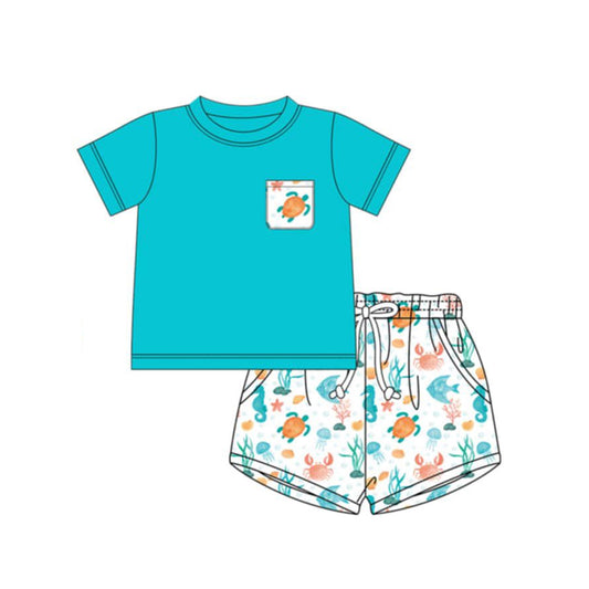 Baby Boys Blue Pocket Shirt Top Tortoises Fishes Short Clothes Sets Preorder
