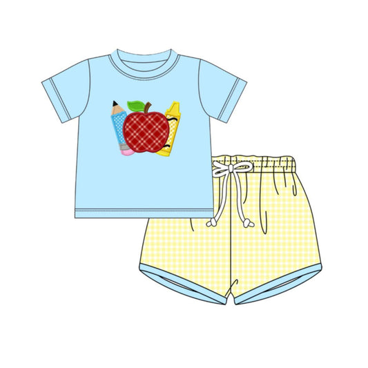 Baby Boys Apple Pencils Top Checked Short Back to School Clothes Sets Preorder