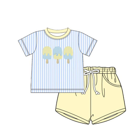 Embroidery Popsicle Baby Boys Blue Stripe Top Pockets Short Clothes Sets Preorder