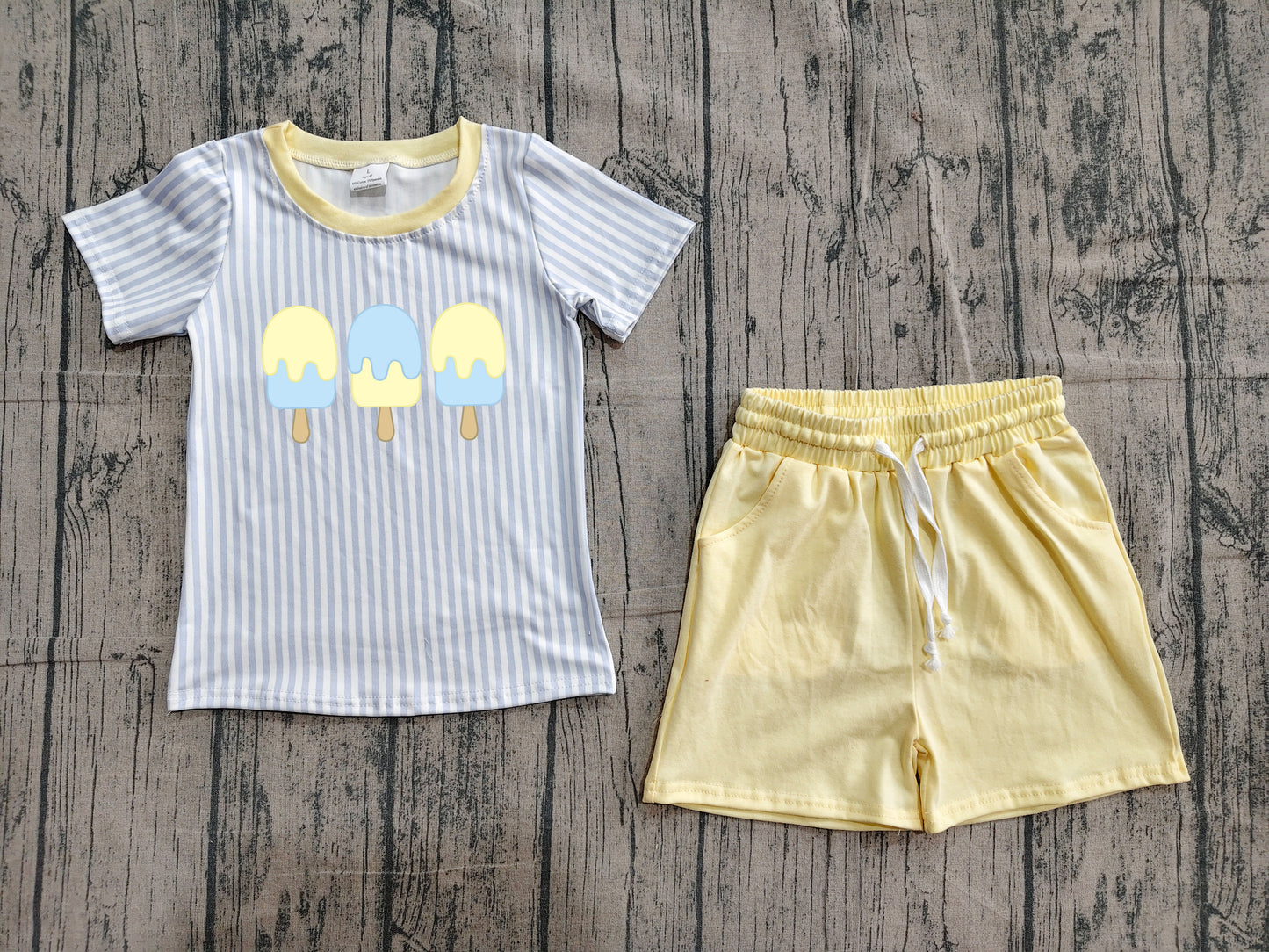 Embroidery Popsicle Baby Boys Blue Stripe Top Pockets Short Clothes Sets Preorder