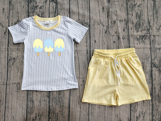 Embroidery Popsicle Baby Boys Blue Stripe Top Pockets Short Clothes Sets Preorder