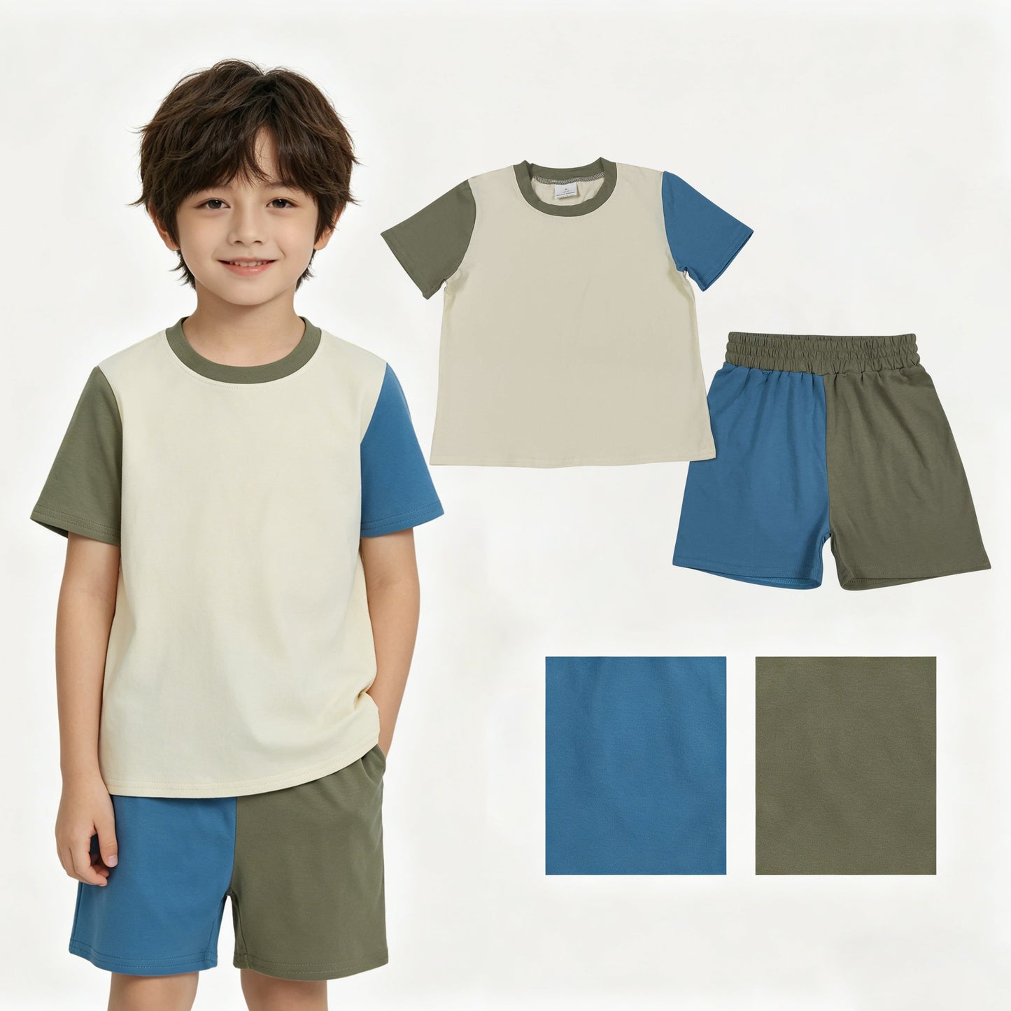 Baby Boys Grey Blue Patchwork Top Short Pajamas Slouchy Clothes Sets