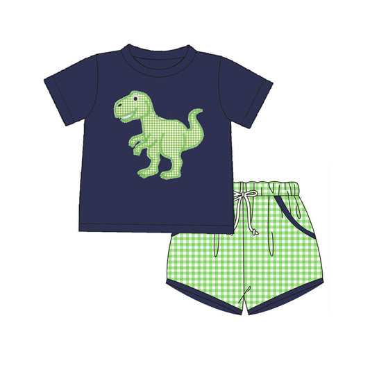Baby Boys Green Checked Dinosaur Shirt Top Pockets Short Clothes Sets Preorder