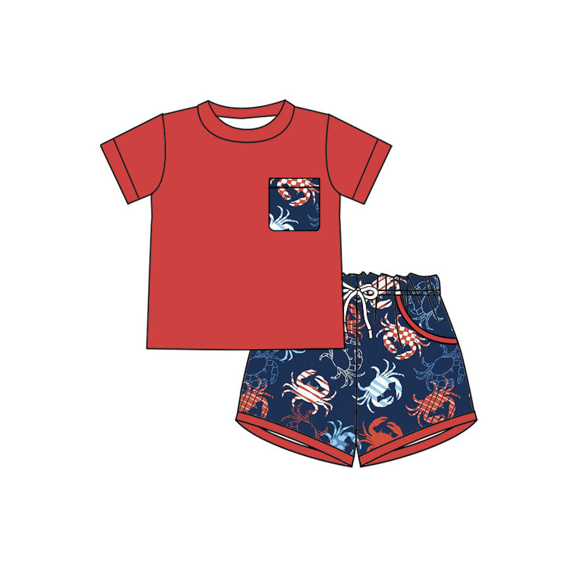 Baby Boys Red Shirt Top Crabs Pockets Short 4th of July Clothes Sets Preorder