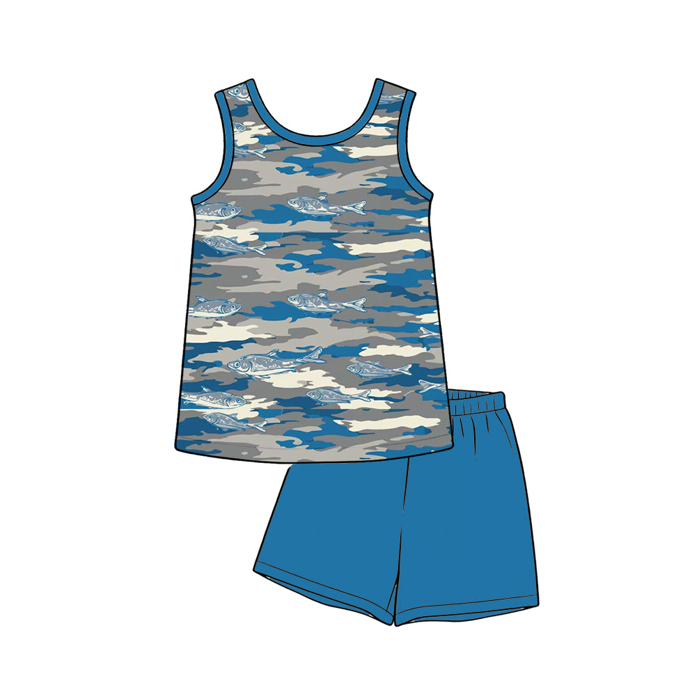 Baby Boys Sleeveless Blue Camo Fishing Shirt Top Short Hunting Clothes Sets Preorder