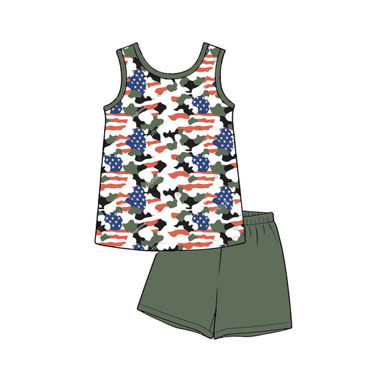 Baby Boys Sleeveless Flags Camo Shirt Top Short 4th of July Clothes Sets Preorder