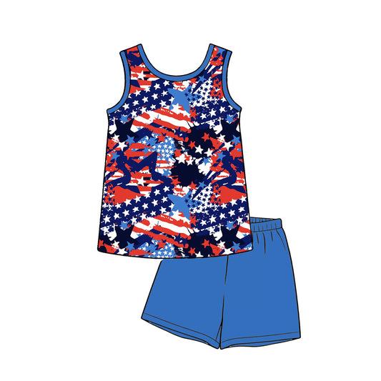 Baby Boys Sleeveless Flags Stars Camo Shirt Top Short 4th of July Clothes Sets Preorder