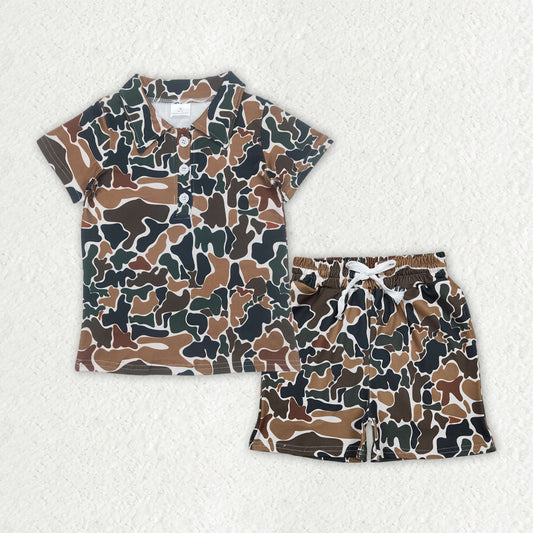 Baby Boys Southern Dark Brown Camo Buttons Polo Top Pockets Shorts Clothes Sets