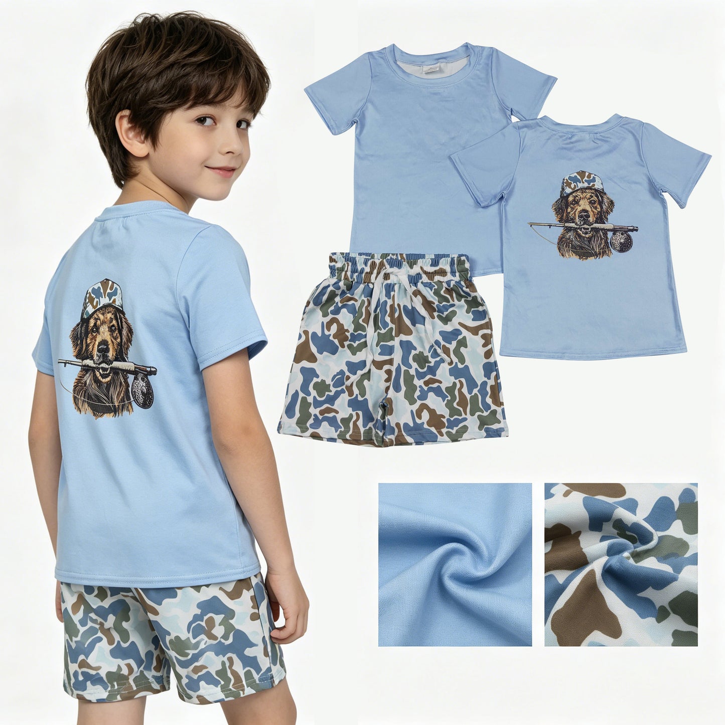 Baby Boys Blue Dogs Fishing Top Camo Pockets Short Hunting Clothes Sets