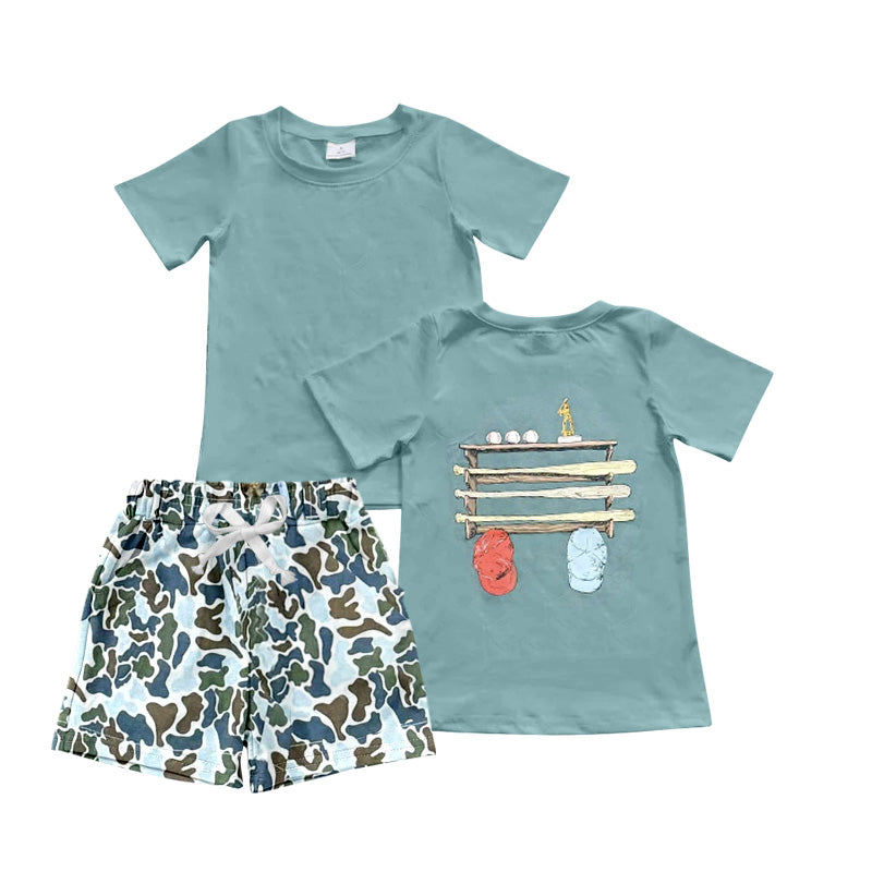 Baby Boys Green Short Sleeve Baseballs Top Pockets Camo Short Team Clothes Sets Preorder