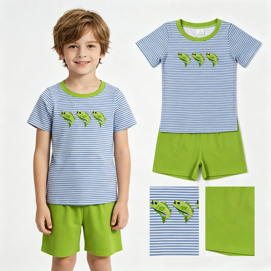 Embroidery Fishes Baby Boys Short Sleeve Stripe Top Short Hunting Clothes Sets