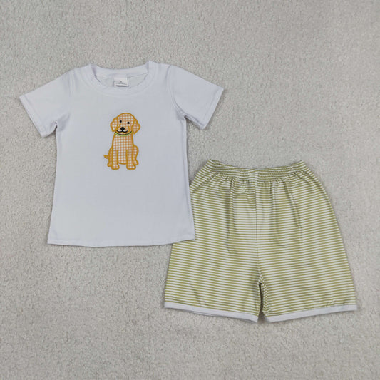 Embroidery Dogs Baby Boys Shirt Top Stripe Short Hunting Clothes Sets