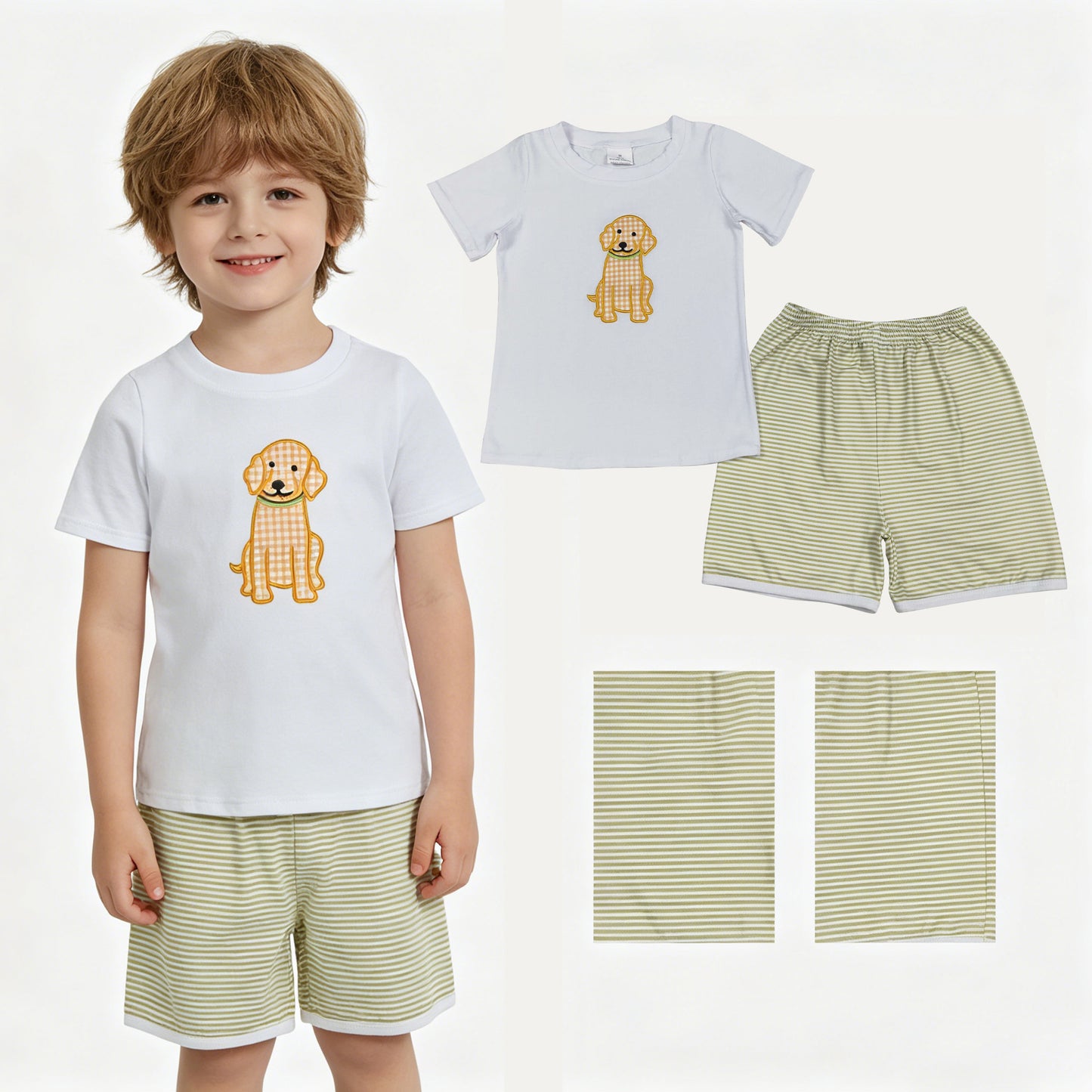 Embroidery Dogs Baby Boys Shirt Top Stripe Short Hunting Clothes Sets
