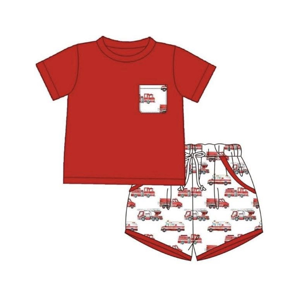 Baby Boys Short Sleeve Shirt Top Firetrucks Pockets Short Clothes Set Preorder
