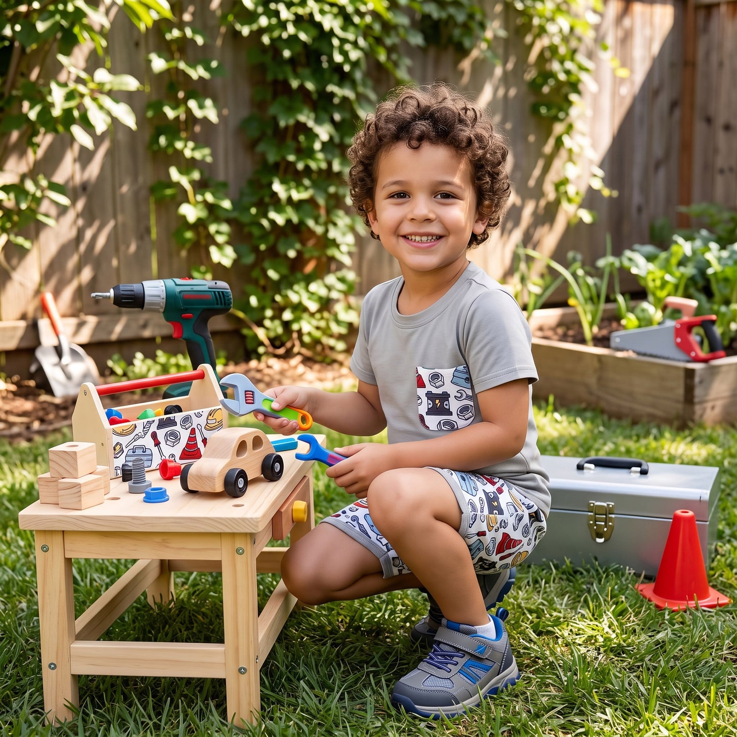Baby Boys Short Sleeve Shirt Top Tools Boxes Pockets Short Clothes Set