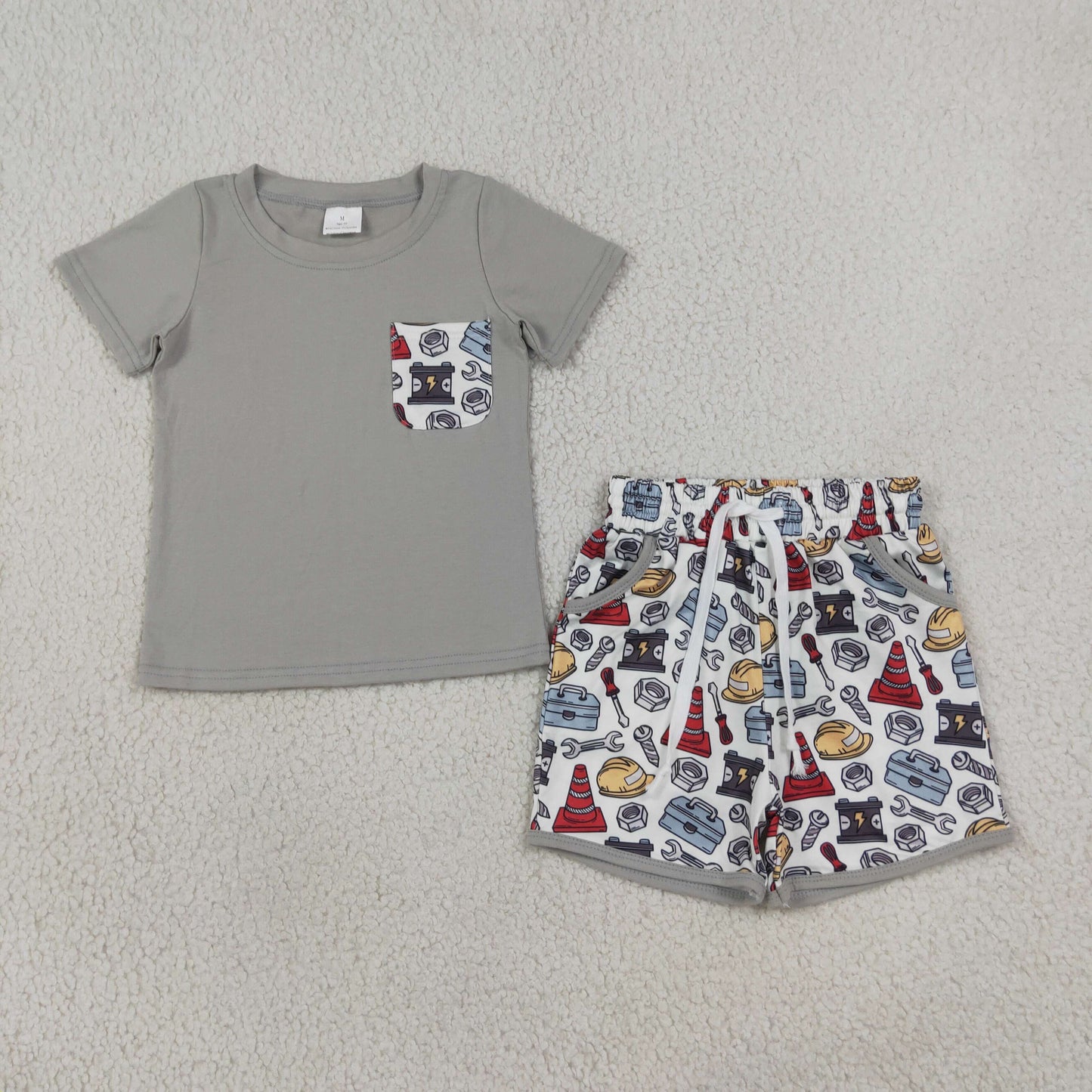 Baby Boys Short Sleeve Shirt Top Tools Boxes Pockets Short Clothes Set