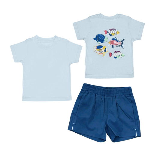 Baby Boys Red Blue Fishes Shirt Top Pockets Short 4th of July Clothes Set Preorder