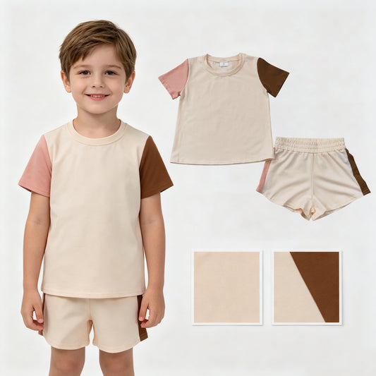 Baby Boys Pink Brown Patchwork Short Sleeve Top Short Clothes Sets
