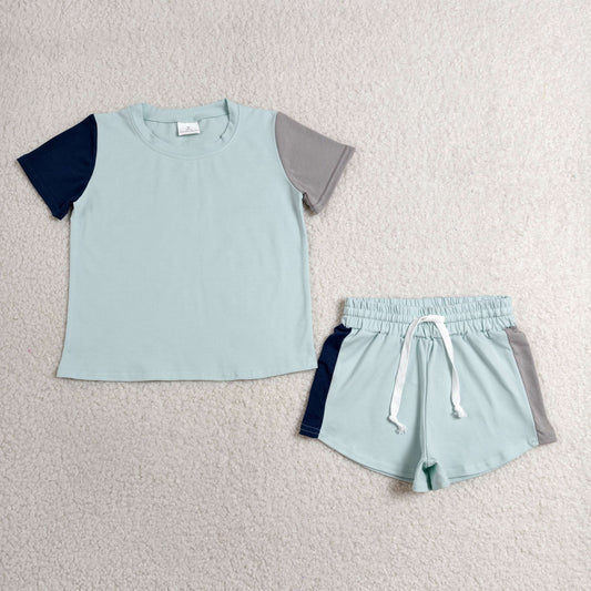 Baby Boys Short Sleeve Blue Grey Patchwork Shirt Top Short Clothes Set