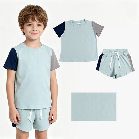 Baby Boys Short Sleeve Blue Grey Patchwork Shirt Top Short Clothes Set