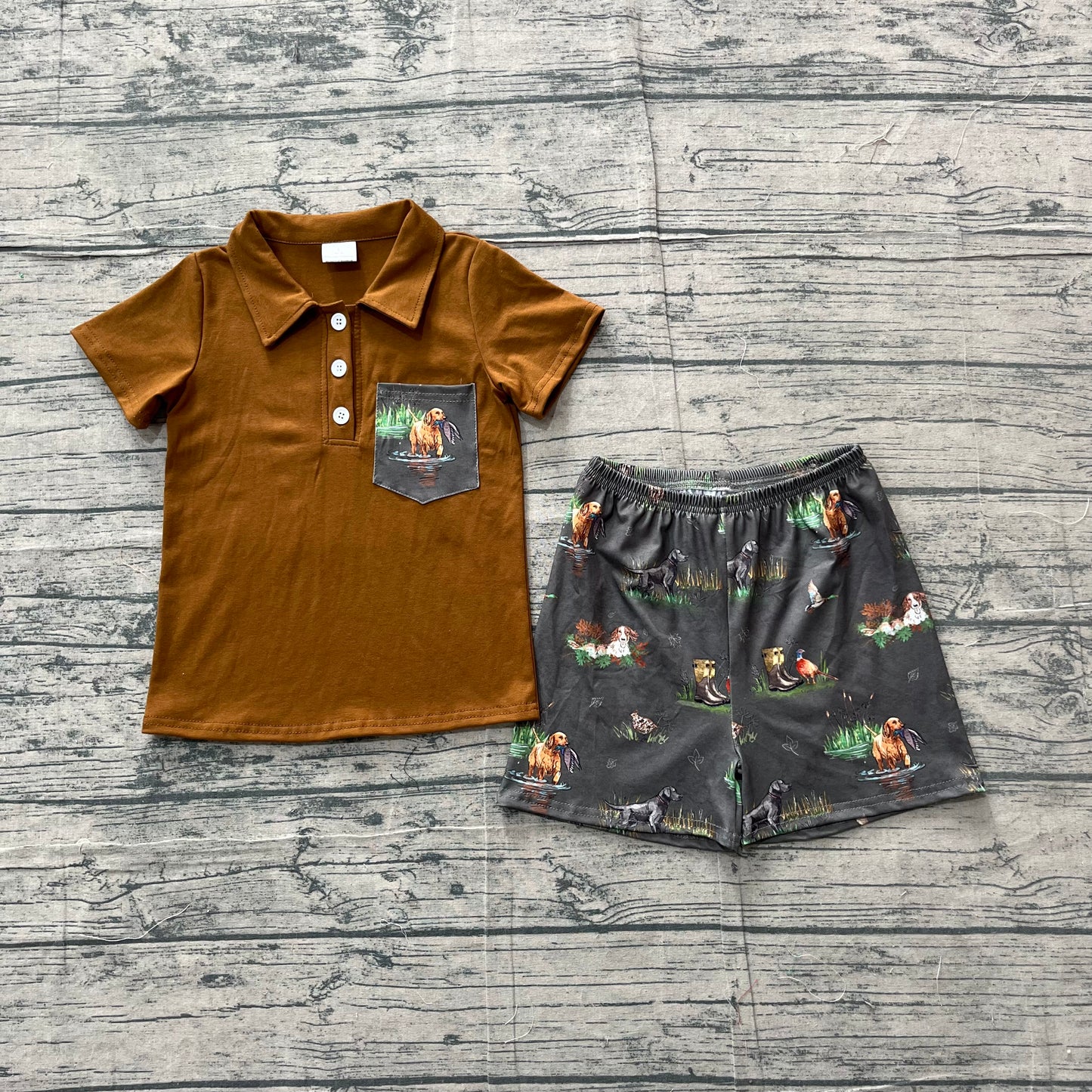 Baby Boys Button Pocket Polo Shirt Top Duck Dogs Short Hunting Clothes Set Preorder