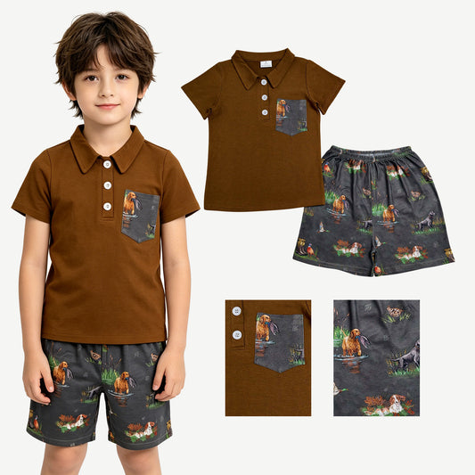 Baby Boys Button Pocket Polo Shirt Top Duck Dogs Short Hunting Clothes Set