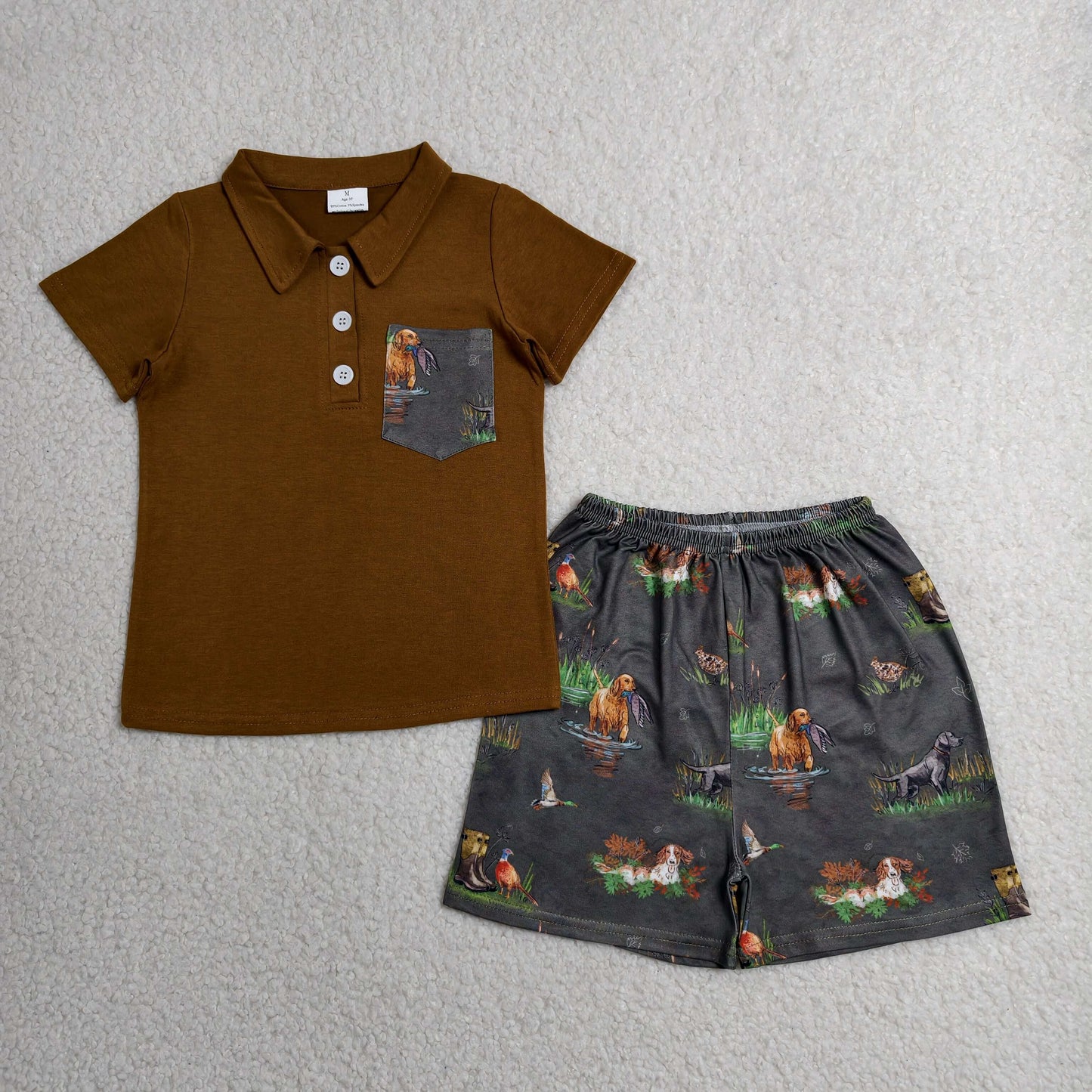 Sibling Baby Boys Dogs Fishes Button Polo Top Short Hunting Clothes Set Rompers