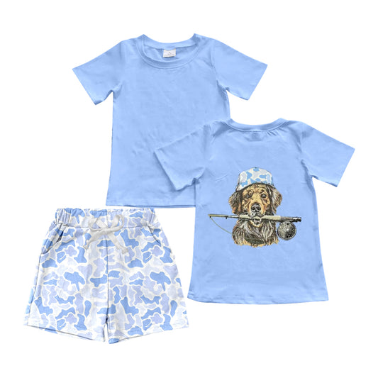 Baby Boys Blue Dog Fishing Top Camo Pockets Short Hunting Clothes Set Preorder