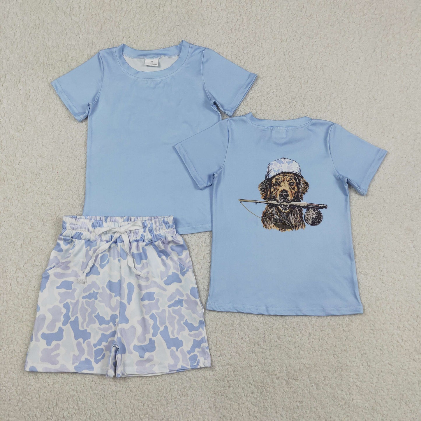 Baby Boys Back Dog Fishing Top Light Blue Camo Pockets Short Hunting Clothes Set